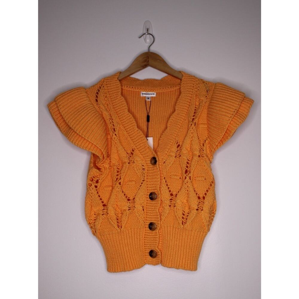 Vigoss Orange Ruffle Shoulder Crochet Cardigan Sweater - NWT!